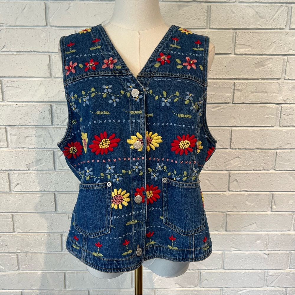 Vintage 90s y2k Susan Bristol Embroidered Denim Vest women’s M - Picture 1 of 8